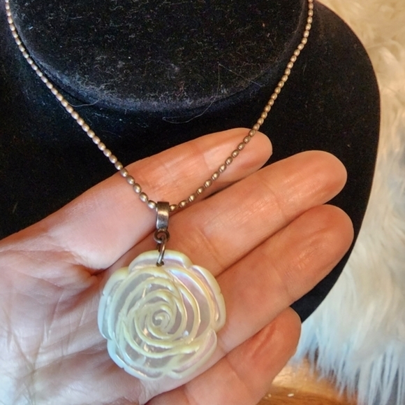 Vintage Abalone & Sterling Rose Necklace - Picture 2 of 6